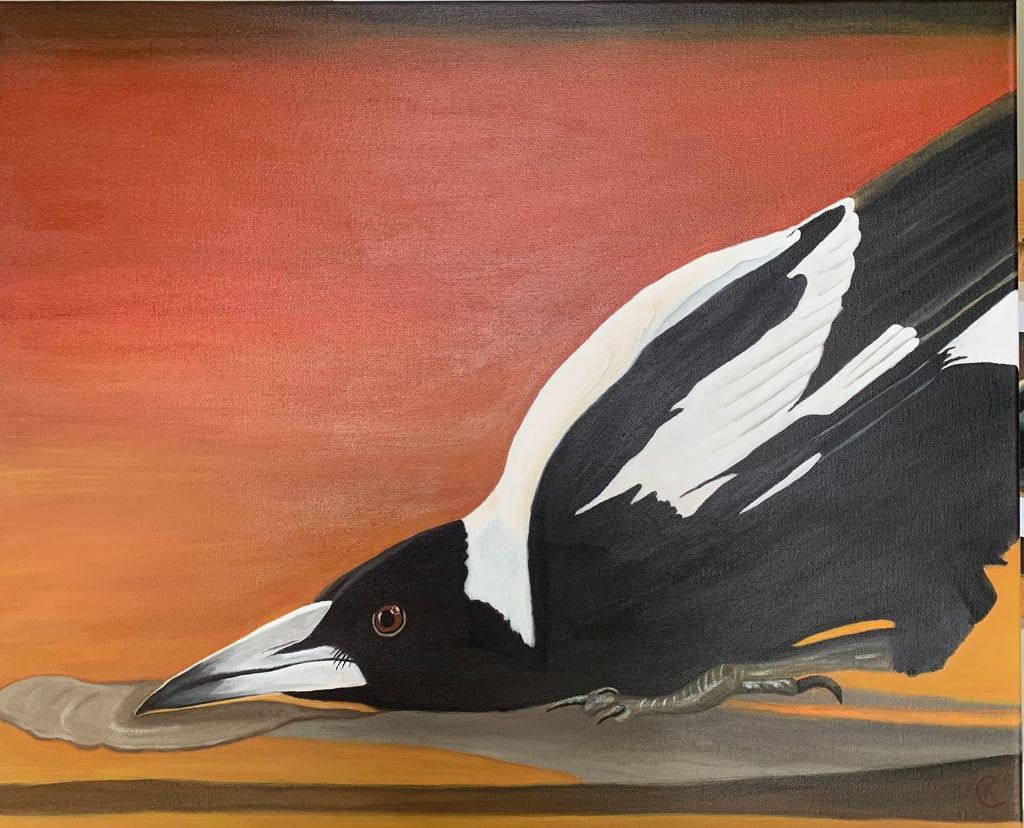 Painting of a magpie with a red and orange background drinking from a puddle.