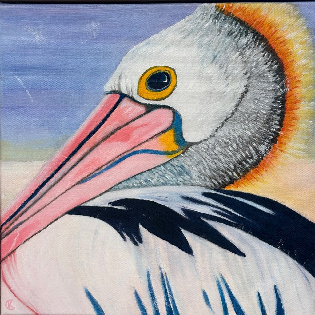 Close-up painting of a pelican with a colorful beak and eye.