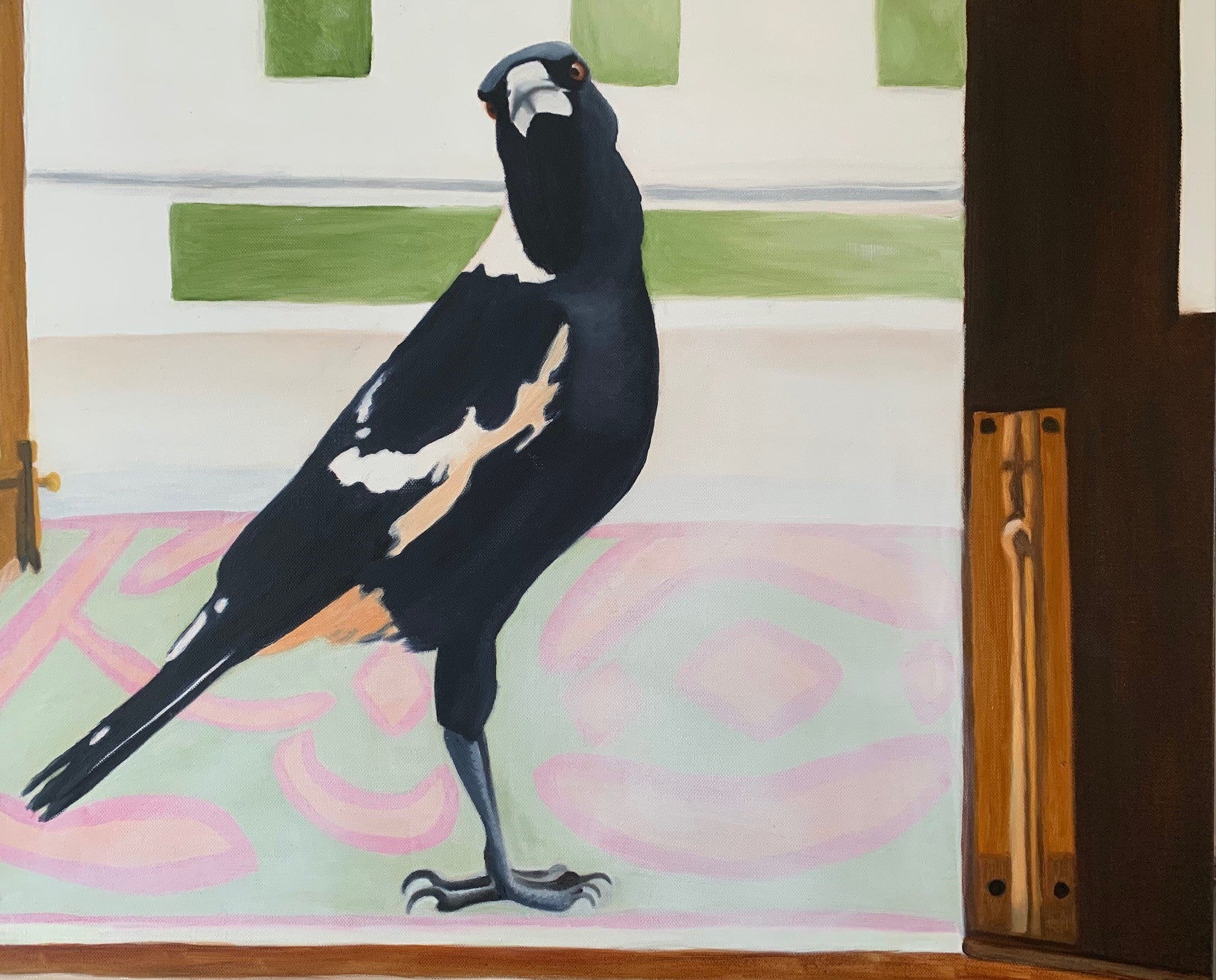 Painting of a magpie on a colorful abstract background