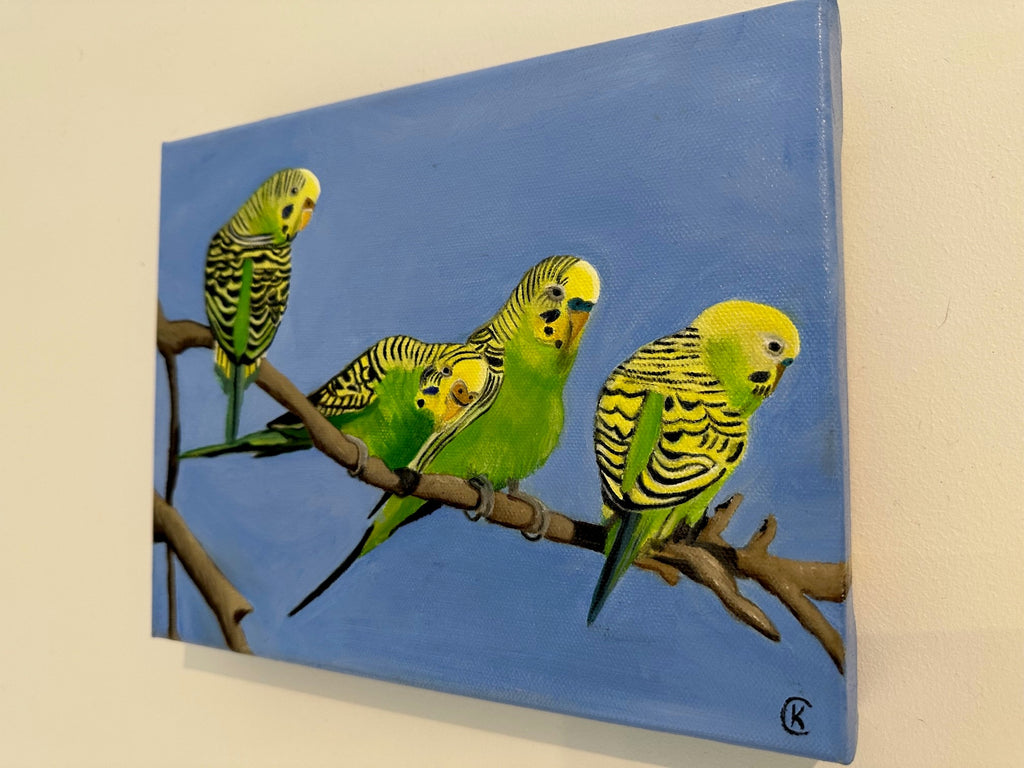 Painting of three green Australian Budgies on a branch against a blue sky