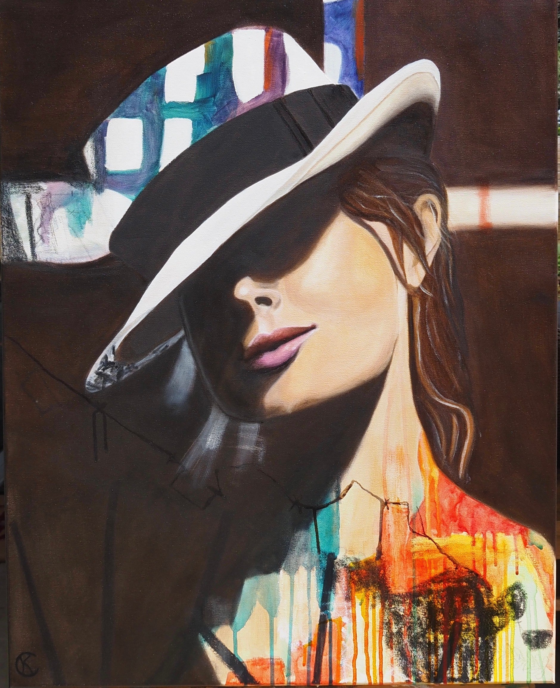 Artistic depiction of a woman wearing a wide-brimmed hat with abstract background